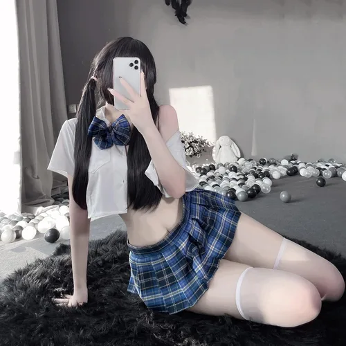 Vista 6 de LureZone Uniforme de colegiala japonesa sexy anime Cosplay ropa interior bikini con mini camisa y falda plisada