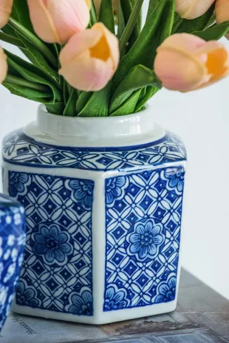 Vista 4 de T2 Concept - Juego de 3 tarros de jengibre decorativos orientales, azul y blanco, 100% porcelana, patrón floral A: 4.5 x 6 pulgadas de profundidad x