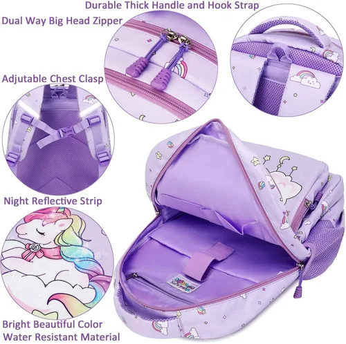 Vista 5 de Juego de mochila para niñas y adolescentes, mochila escolar para niños con bolsa para el almuerzo, estuche para lápices, mochilas escolares