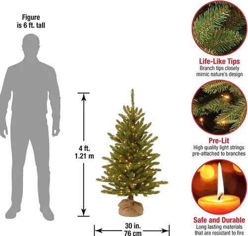 Vista 3 de National Tree Company - Mini árbol artificial de Navidad preiluminado de 4 pies Kensington, 150 luces transparentes, 284 puntas, base de arpillera