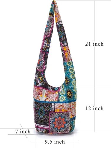 Vista 3 de Bolsa de hombro para mujer, de lona en estilo hippiebohemio para llevar cruzada al hombro, disponible en diferentes colores y estampados