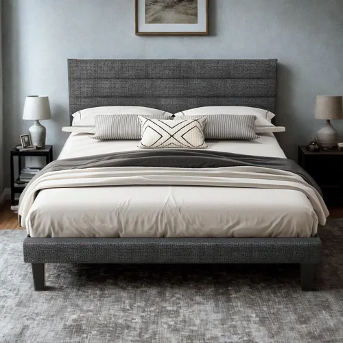 Vista 13 de VINGLI Base de cama individual para niños, cama de plataforma tapizada Boucle con cabecera ajustable, soporte de listones de madera resistente, cama