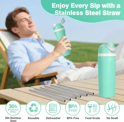 Vista 6 de 6 popotes de metal de repuesto para botella de agua Owala Freesip de 16 onzas para niños, popotes reutilizables de acero inoxidable con 2 cepillos