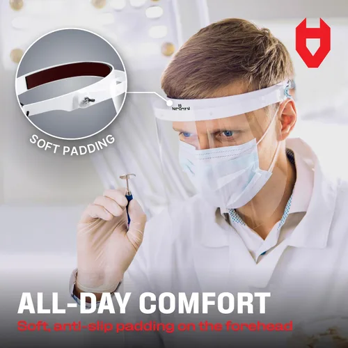 Vista 3 de NoCry Máscara de protección facial con diadema ajustable y 2 viseras de plástico reutilizables — Diseño abatible con bisagras de metal duraderas