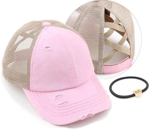 Vista 29 de C.C Gorra de béisbol de malla con diseño de estrella brillante, gorra de camionero ajustable para moño o cola de caballo Una banda elástica-negro