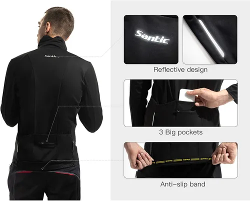 Vista 3 de Santic Men's Cycling Jacket Winter Thermal Fleece Windproof Breathable Reflective Softshell Windbreaker Running Jackets