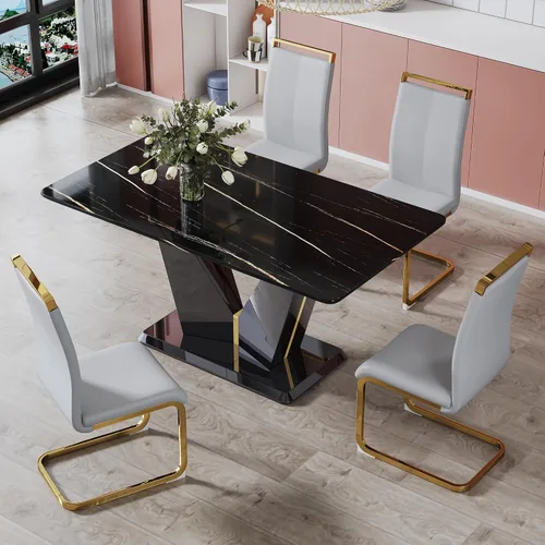 Vista 2 de Juego de mesa de comedor de mármol negro de lujo para 4, mesa de cocina moderna con 4 sillas de comedor de cuero gris claro dorado, mesa de comedor