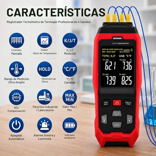 Vista 2 de Termómetro de termopar registrador de datos de temperatura, termómetro tipo K/J/T de 4 canales con 5000 grupos de registro de datos y exportación