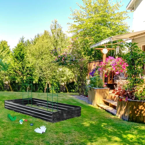 Vista 6 de ONCEMORE Cama de jardín elevada galvanizada para verduras, flores, hierbas, kit de cama de jardín elevada de metal con 2 jaulas de tomate, guantes
