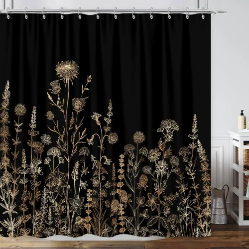 Vista 22 de Cortina de ducha de mariposa floral negra y dorada, cortina de ducha bohemia con diseño botánico de flores oscuras para baño con gancho, juego