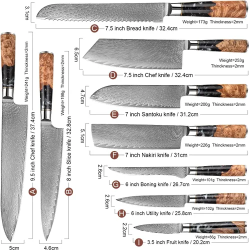Vista 2 de ZZYY - Juego de cuchillos de cocina de acero de damasco, 9 piezas, cuchillo de chef japonés, cuchillo de cocina para pelar, mango de madera