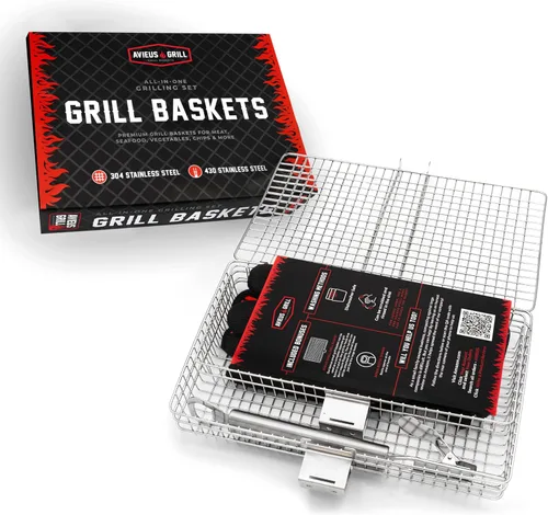 Vista 5 de Canastas de parrilla US GRILL para parrilla al aire libre 2 cestas de parrilla con mango desmontable Juego de parrilla de barbacoa con guantes