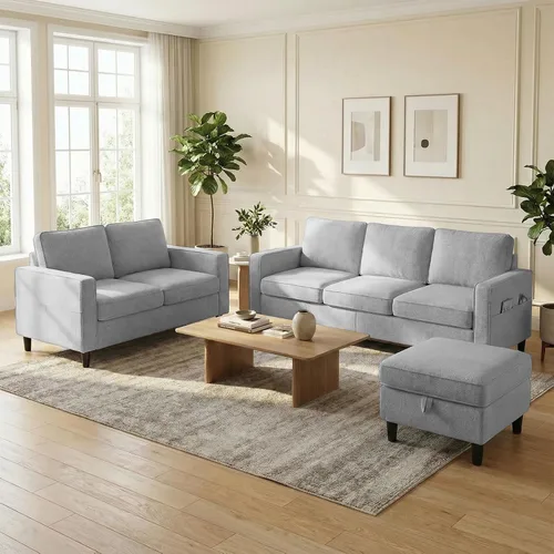 Vista 12 de BALUS Juego de sofás de sala de estar de 78 pulgadas, sofá de 3 plazas con bolsillo lateral y juego de muebles otomanos de almacenamiento, sofá