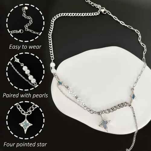 Vista 43 de Y2k - Collar irregular con dije de estrella, piedra de luna, diseño de cadena de moda, joyería de plata picante para mujer