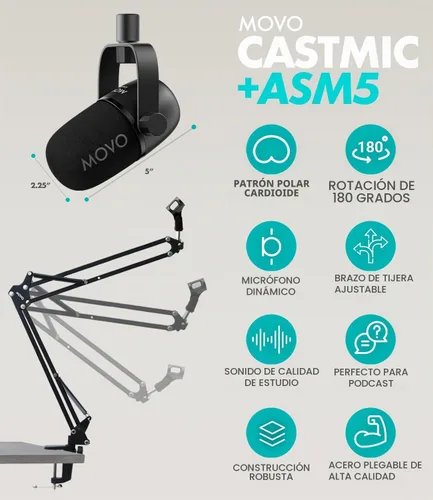Vista 5 de Movo Paquete de equipos de podcast para 4 personas - Interfaz de audio USB de 4 canales, 4 micrófonos dinámicos CastMic, 4 brazos Boom - Kit