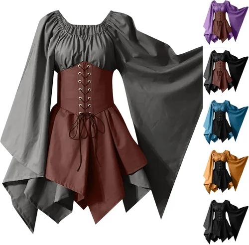 Vista 3 de FRMUIC Disfraz renacentista para mujer, vestido medieval de manga acampanada, corsé de Halloween 2023, vestido irlandés, vestido de cosplay