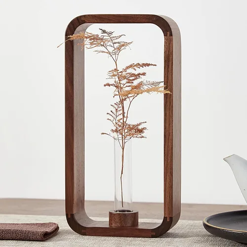 Vista 4 de Transprent - Jarrón de vidrio, tubo de ensayo, soporte para plantas hidrofílicas, marco de madera de nogal, soporte de flores, mesa de jardín