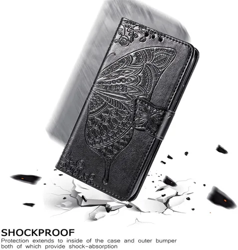Vista 5 de Funda tipo cartera para iPhone 12 Pro/iPhone 12 para mujer, color Butterfly Emboss Flip Folio Cuero PU, soporte, ranuras para tarjetero, correa