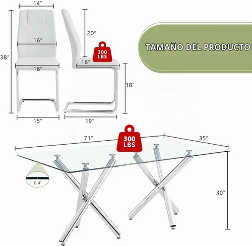 Vista 2 de Juego de mesa de comedor de cristal para 6.71 pulgadas, mesa de comedor para 6, mesa rectangular grande de vidrio templado y 6 sillas de piel Mesa