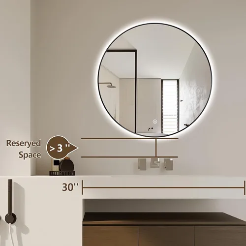 Vista 6 de Espejo de Baño LED Redondo de 24", Espejo de Tocador Retroiluminado Montado en Pared con Marco Biselado de 45°, Espejo Iluminado para Dormitorio