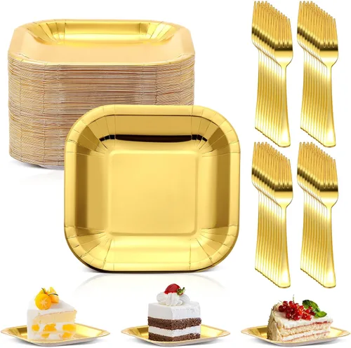 Vista 8 de Dandat 100 platos pequeños de papel negro de 7 pulgadas, platos cuadrados desechables para tartas con tenedores de postre de plástico, vajilla