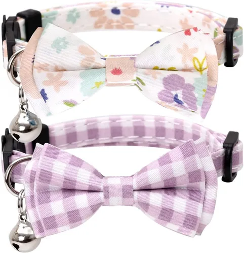 Vista 7 de Paquete de 2 collares de gato con pajarita y flor a cuadros de campana para gatito Azul