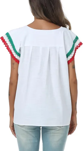 Vista 7 de YZXDORWJ Blusa tradicional colorida de encaje bordado mexicano para mujer, tricolor, camiseta del día de la independencia mexicana