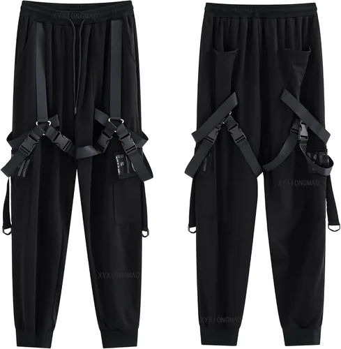 Vista 8 de XYXIONGMAO Ropa Techwear para hombre, pantalones de hip hop, ropa urbana negra, pantalones deportivos góticos, pantalones cargo tácticos para hombre
