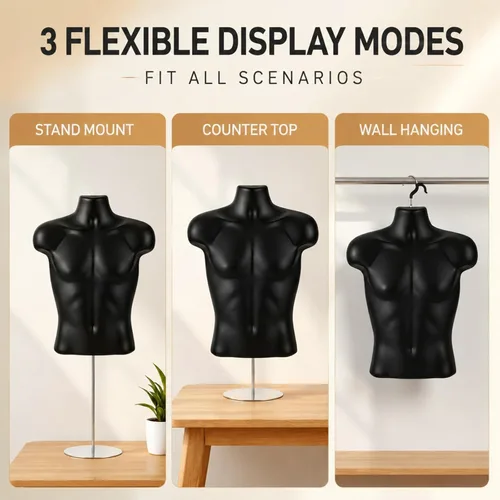 Vista 6 de Geetery 1 paquete de maniquí masculino de medio cuerpo con soporte y gancho para colgar, forma de vestido apilable con espalda hueca para exhibición