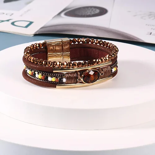 Vista 5 de FANCY SHINY- Pulseras de cuero de la envoltura de cuentas de cristal de la pulsera Boho Cuff piedra, dije, pulseras con cierre magnético de joyería