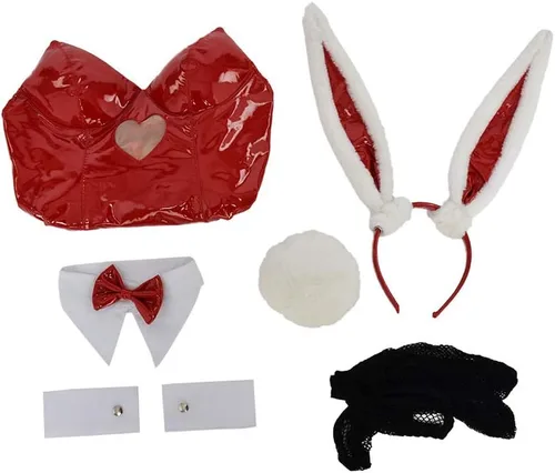 Vista 6 de Cosplay.fm Disfraz de conejito para mujer, traje de una pieza con tocado y accesorio de lazo