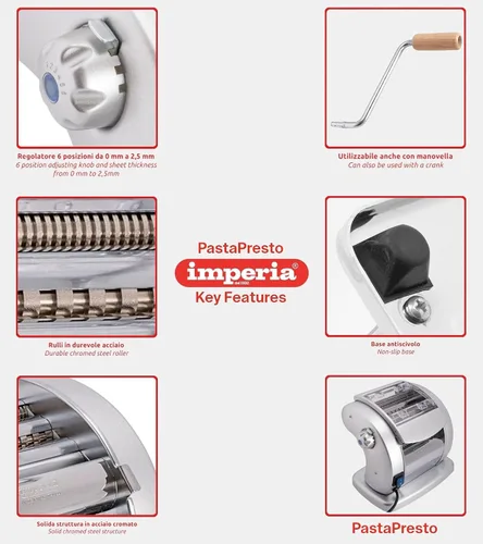 Vista 4 de Imperia Pastapresto Maker, potente máquina eléctrica de pasta de 120 V con motor, 100% fabricada en Italia, construcción de acero resistente con 6