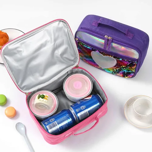 Vista 7 de Bolsa de almuerzo con lentejuelas con aislamiento de mano, bolsa de transporte espaciosa reutilizable, bolsa de transporte, kit de comida de viaje