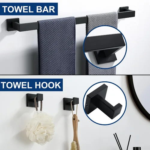 Vista 6 de Juego de 5 piezas de accesorios de ferretería para baño en negro mate, juego de toalleros cuadrados de 16 pulgadas para baño, juego de barras