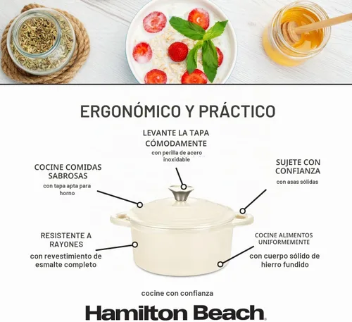Vista 6 de Hamilton Beach Olla holandesa de hierro fundido esmaltado de 3 cuartos de galón con tapa, color crema