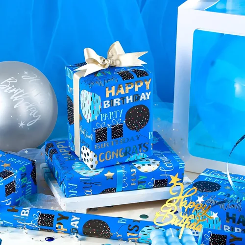 Vista 4 de WRAPAHOLIC Papel de regalo para cumpleaños - Rollo mini - 17 pulgadas x 16.5 pies - Papel de regalo azul dorado con foil brillante de feliz Azul