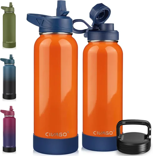 Vista 37 de CIVAGO Botella de agua aislada de 22 onzas con pajita, frasco de agua deportiva de acero inoxidable con 3 tapas