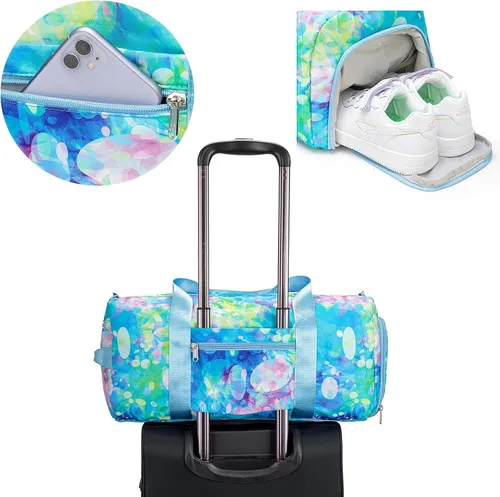 Vista 9 de BLUBOON Bolsa de lona para niñas y niños, bonita bolsa de gimnasio con compartimento para zapatos y separación húmeda, impermeable, bolsa de viaje