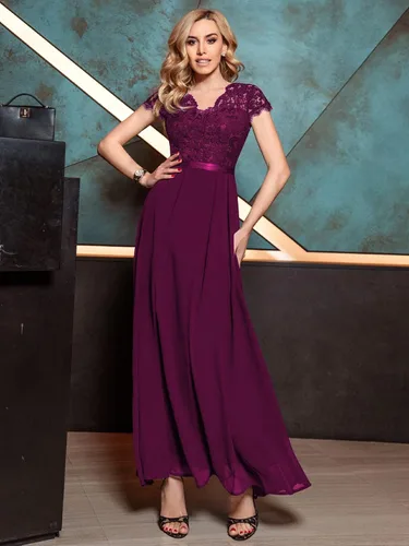 Vista 4 de Miusol Vestido largo formal de dama de honor con cuello en V y encaje floral elegante para mujer