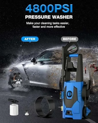 Vista 4 de FIOCCO Lavadora a presión, 4800PSI Lavadora eléctrica portátil con cable de 35 pies, manguera de 20 pies para automóviles, entradas, patios, vallas