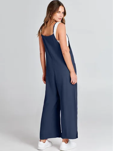 Vista 5 de ANRABESS Overol de lino con bolsillos para mujer, estilo casual, suelto, largo, con pierna ancha