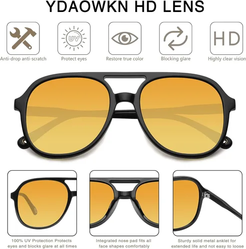 Vista 3 de YDAOWKN Retro Aviator Sunglasses for Womens Mens 70s Double Bridge Sunnies 2 Tintes Negro/Gris+Negro/Amarillo