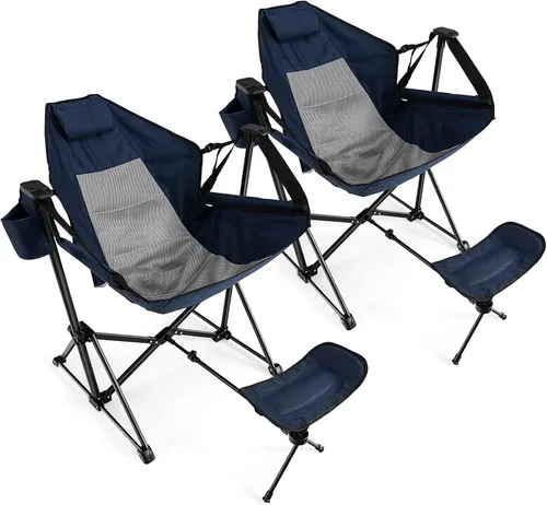 Vista 10 de Giantex Hamaca para exteriores, silla de campamento, mecedora con reposapiés extraíble, respaldo ajustable, almohada, soporte para tazas, bolsa
