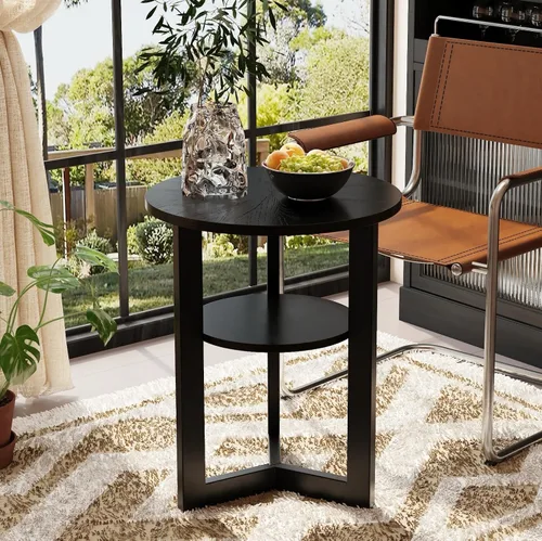 Vista 10 de Mesa auxiliar redonda pequeña con estante de almacenamiento, sofá circular de madera maciza con patas laterales de metal, mesa de teléfono de 2
