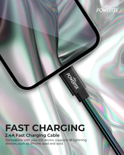 Vista 3 de LIQUIPEL Powertek - Cable de carga para iPhone, adaptador de cable Lightning a USB de carga rápida de 6 pies, compatible con iPad, certificado MFI