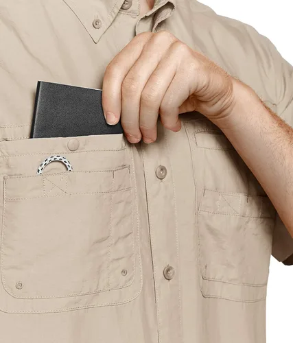 Vista 4 de TSLA Camisa de pesca de alto rendimiento para hombre, camisa transpirable con botones UPF 50+, camisa de manga corta para recreación al aire libre