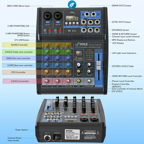 Vista 2 de Pyle Mezclador de audio profesional Placa de sonido Interfaz de sistema de consola de 4 canales USB digital Bluetooth MP3 Entrada de computadora 48V