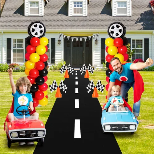 Vista 6 de Lunmon 159 piezas de decoración de fiesta de cumpleaños de autos de carreras, incluye 129 semáforos, juego de soporte para globos, 2 neumáticos