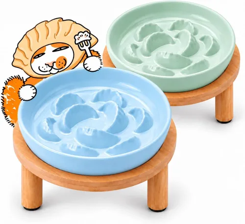 Vista 13 de Cuencos elevados de cerámica para gatos con soporte de bambú, platos elevados de comida para mascotas para gatos y perros pequeños, comedero
