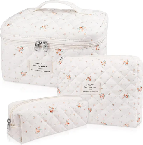 Vista 36 de Juego de bolsas de maquillaje, bolsa de maquillaje acolchada, bolsa grande para cosméticos florales para mujer, bonitas bolsas de maquillaje